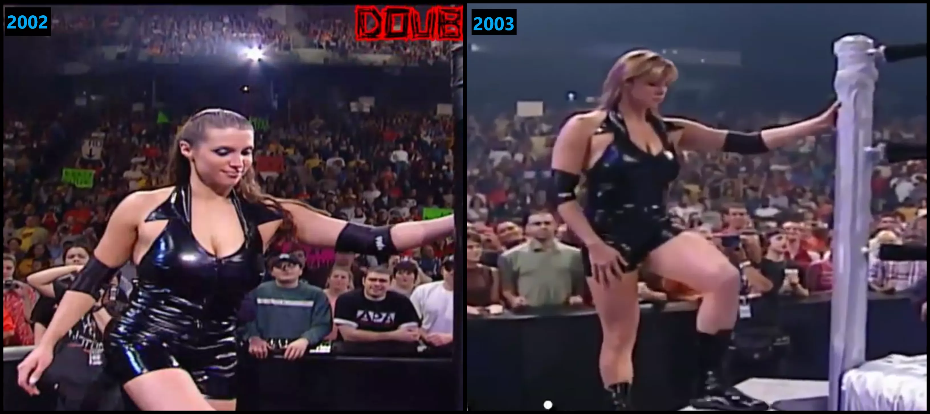 What year do you think Stephanie McMahon looked hotter in this latex wrestling attire? 2002 or 2003?