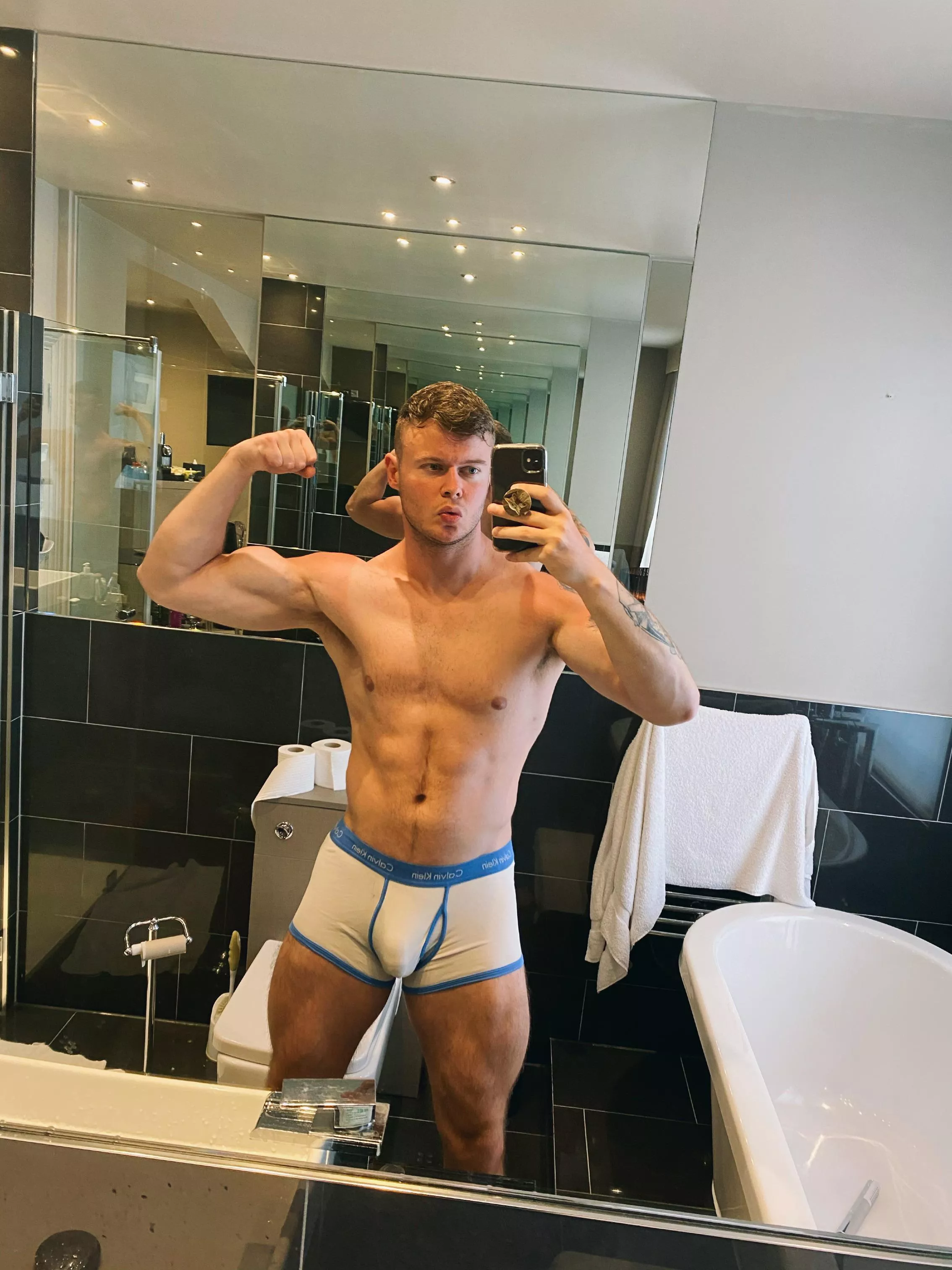 What’s a hotel bathroom without a bulge selfie!?