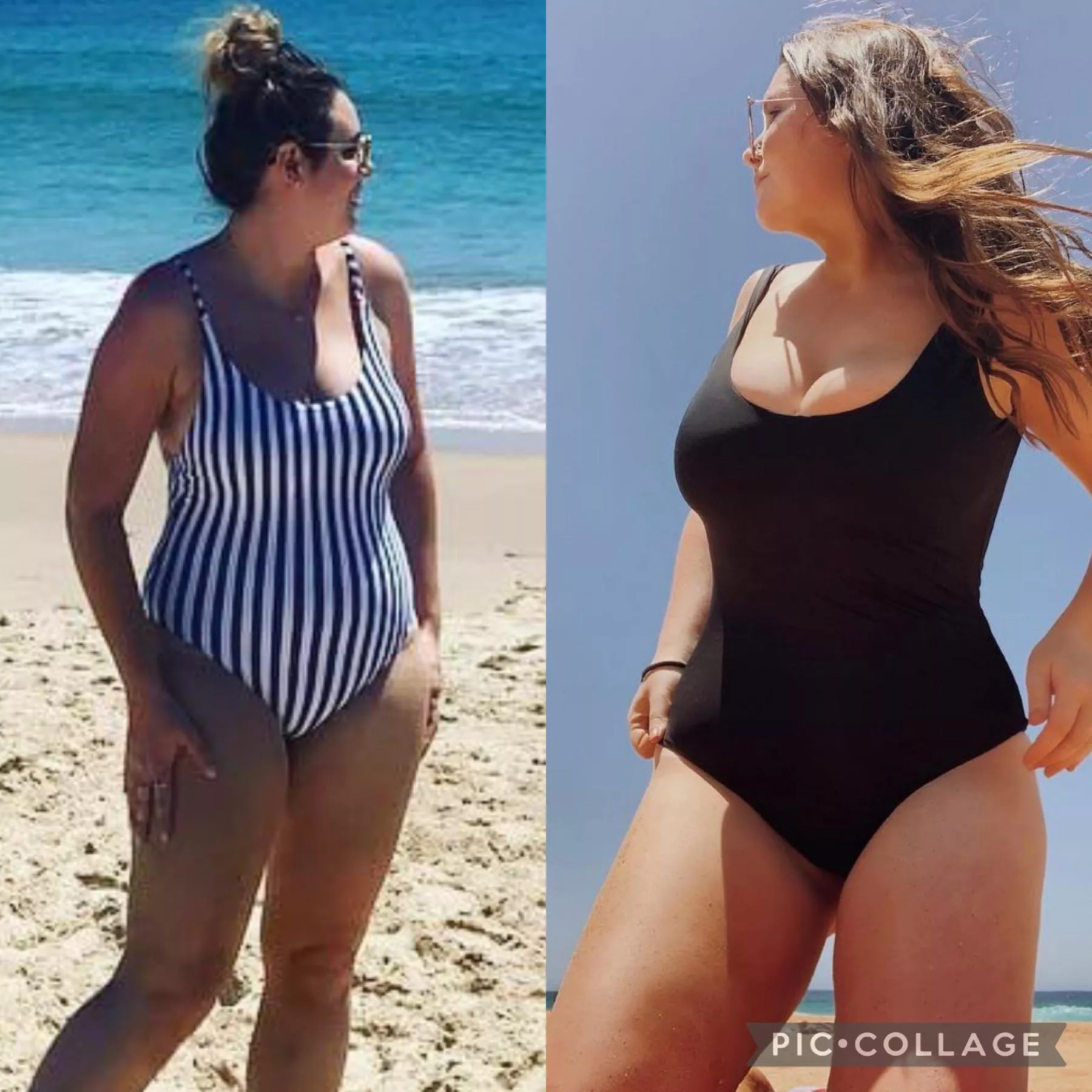 Which thick one piece girl? Stripes(left) or black(right)