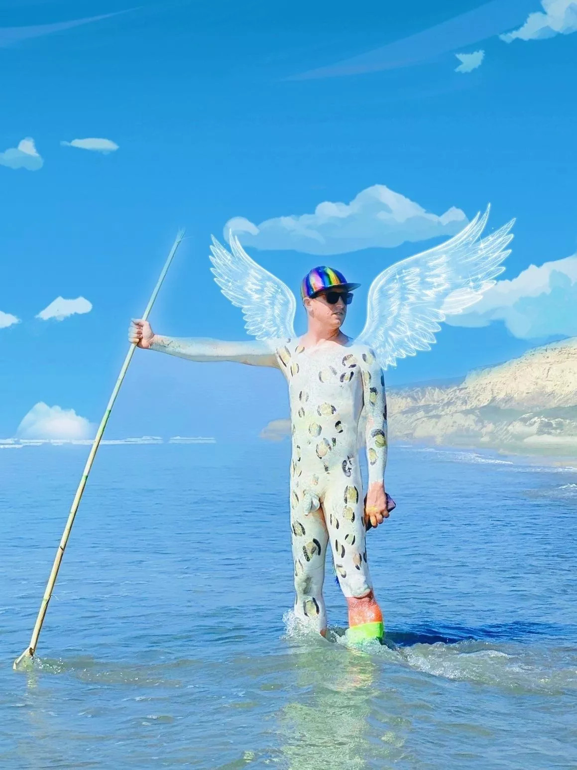 Whoever said a male can't be bodypainted is wrong. I call this the beach angel.