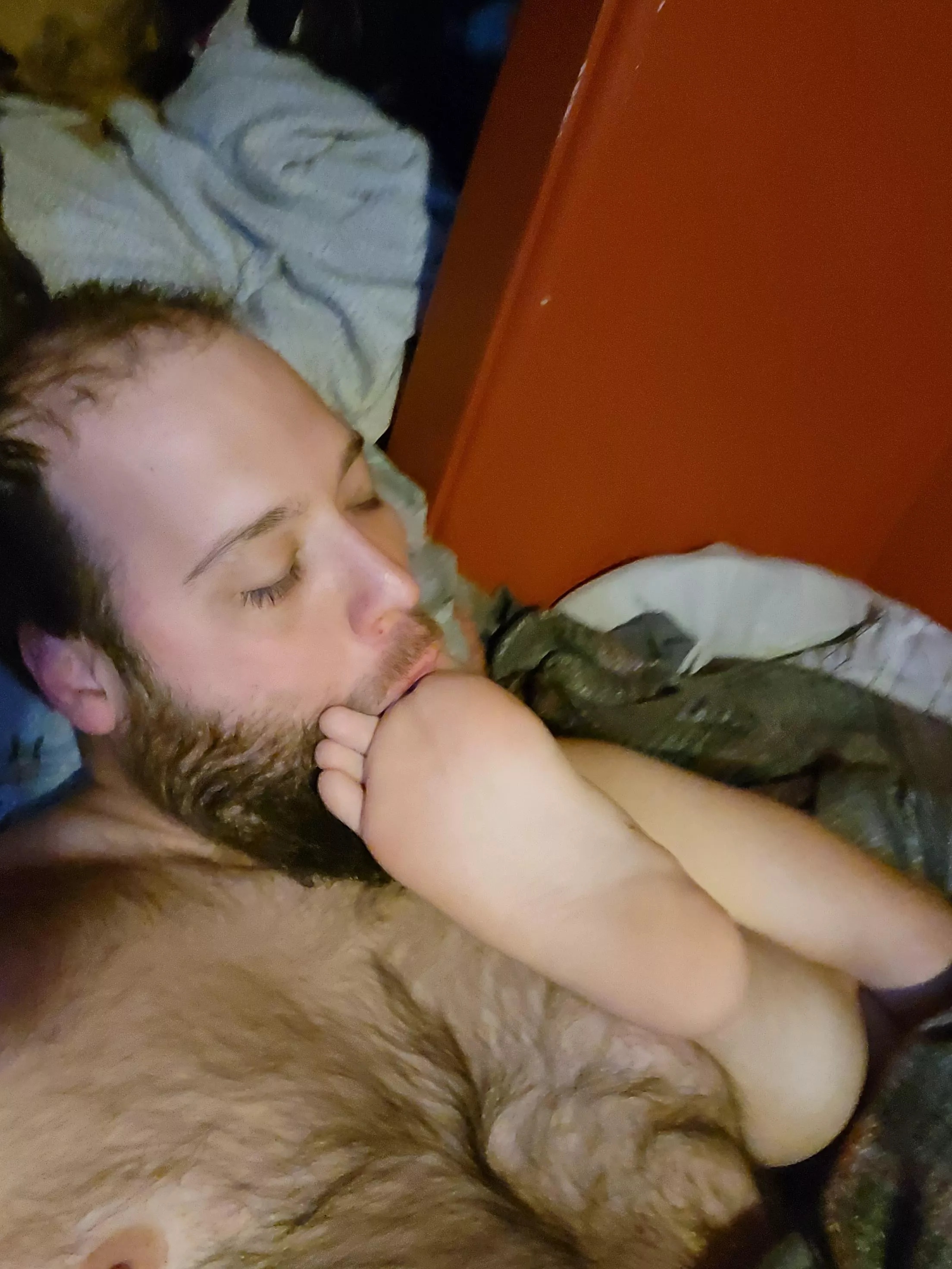 Woke up to his feet in my face so I started licking his feet, he was like wtf why you doing that? I said cause I want to and started sucking toes.. After a while I felt his cock it was rock hard so I started sucking on that too 😛