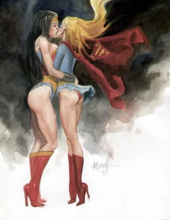 Wonder Woman and Super Girl kiss, by Mark Beachum