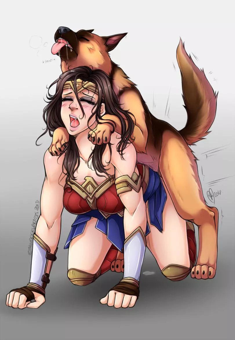 Wonder Woman getting used by a German Shepard (ThighsocksAndKnots)