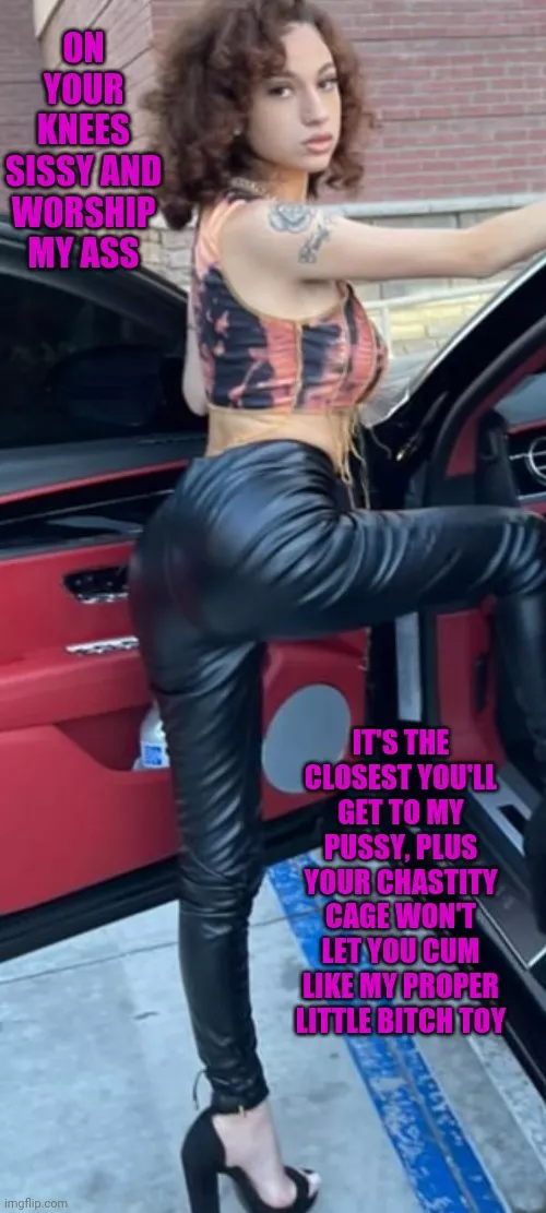 Worship her ass in public Sissy Slave but you won't be able to get hard all locked in chastity