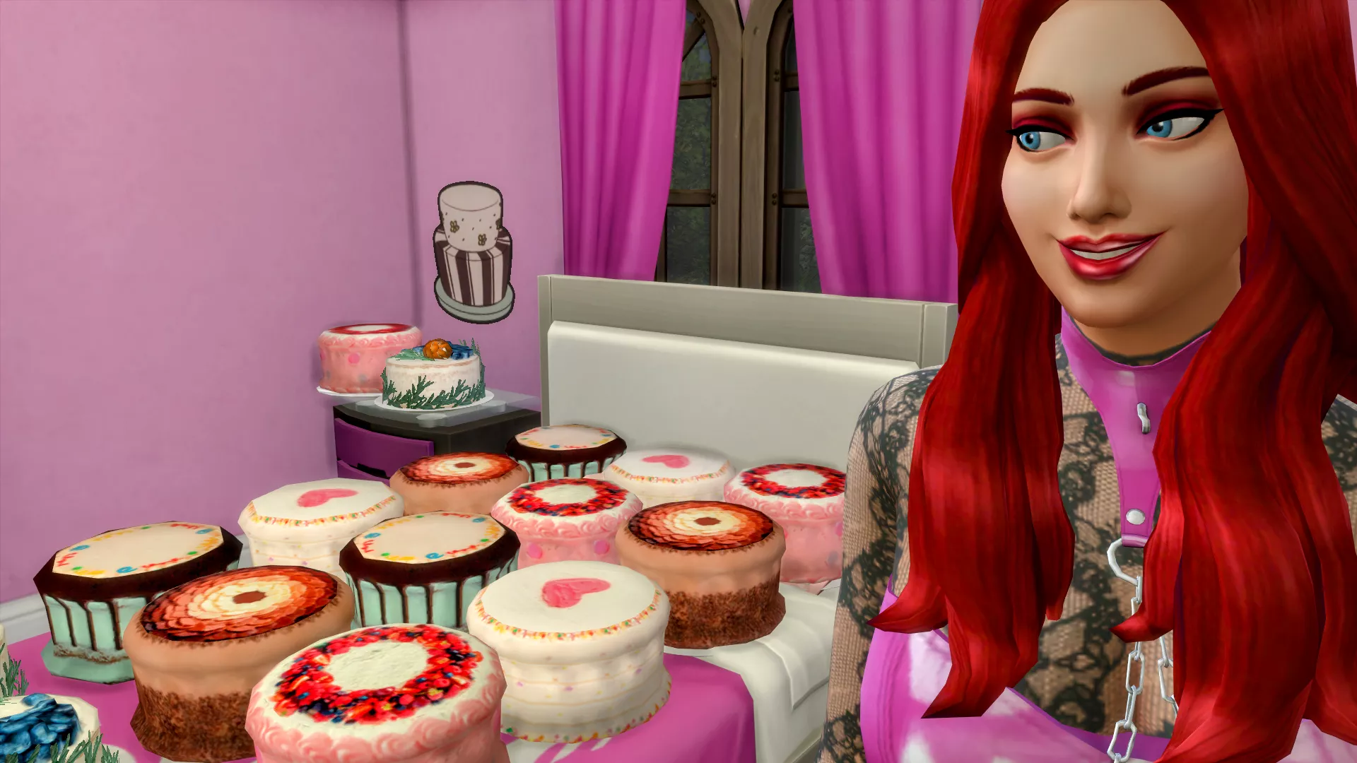 You follow Sarah into her room only to find that her bed is covered in cakes. What do you do?