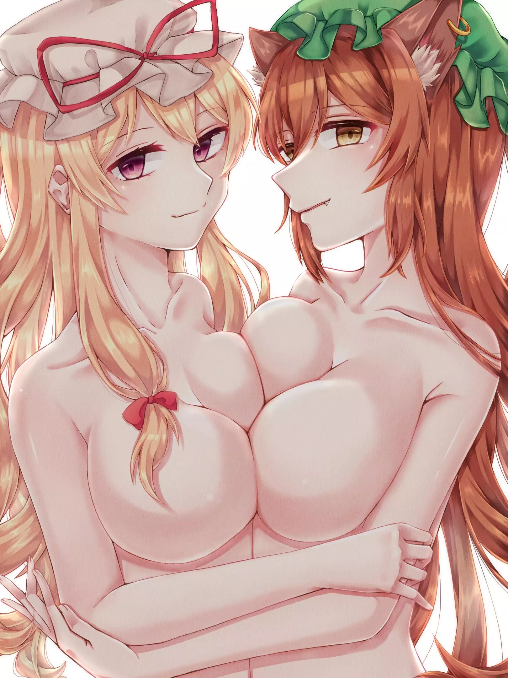 Yukari and Chen pressing boobs [Ecchi]